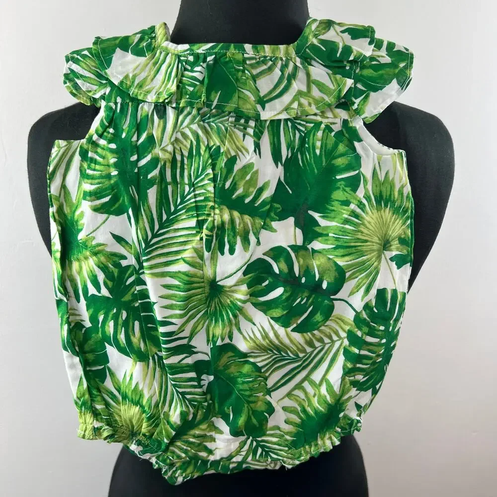 Janie and Jack White Green 6-12 M Bodysuit Cotton Ruffle Neck Tropical Print NEW